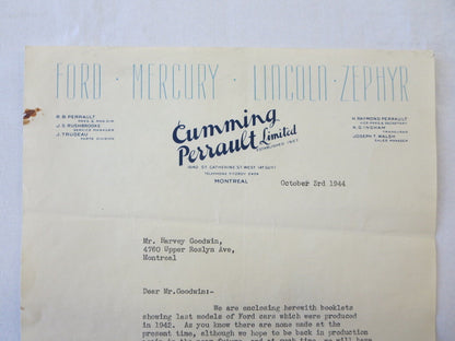 1944 1942 Ford Mercury Lincoln Zephyr Dealer Letter Letterhead Cumming Perrault