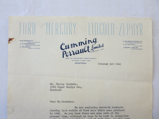 1944 1942 Ford Mercury Lincoln Zephyr Dealer Letter Letterhead Cumming Perrault