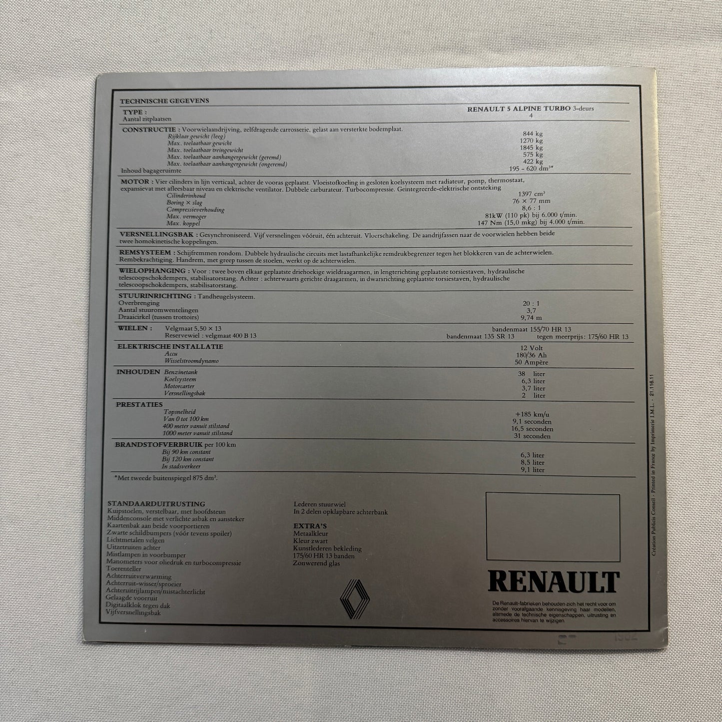 Renault 5 Alpine Turbo Car Sales Brochure Catalog Vintage Advertising DUTCH