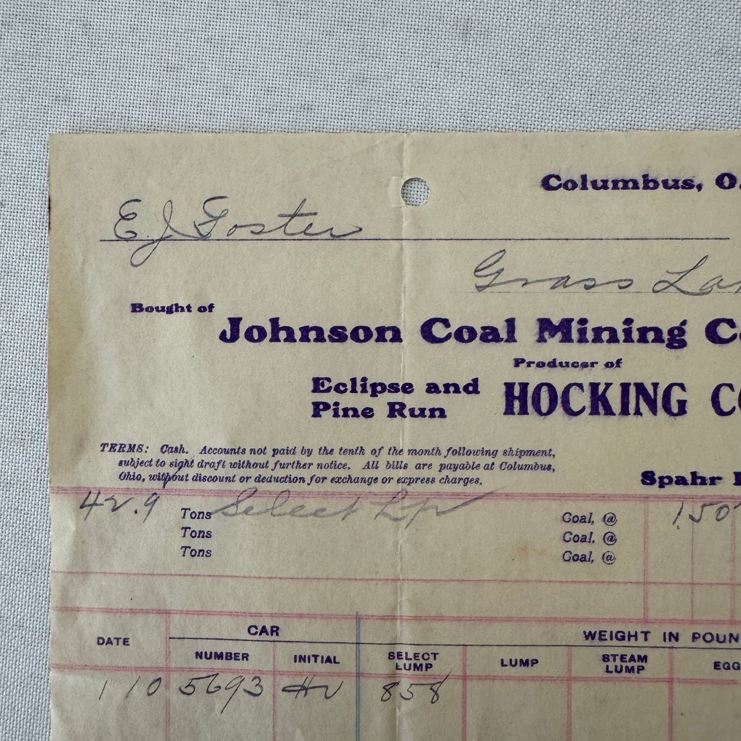 Johnson Coal Mining Company Receipt Invoice Document Letterhead 1908 Columbus OH