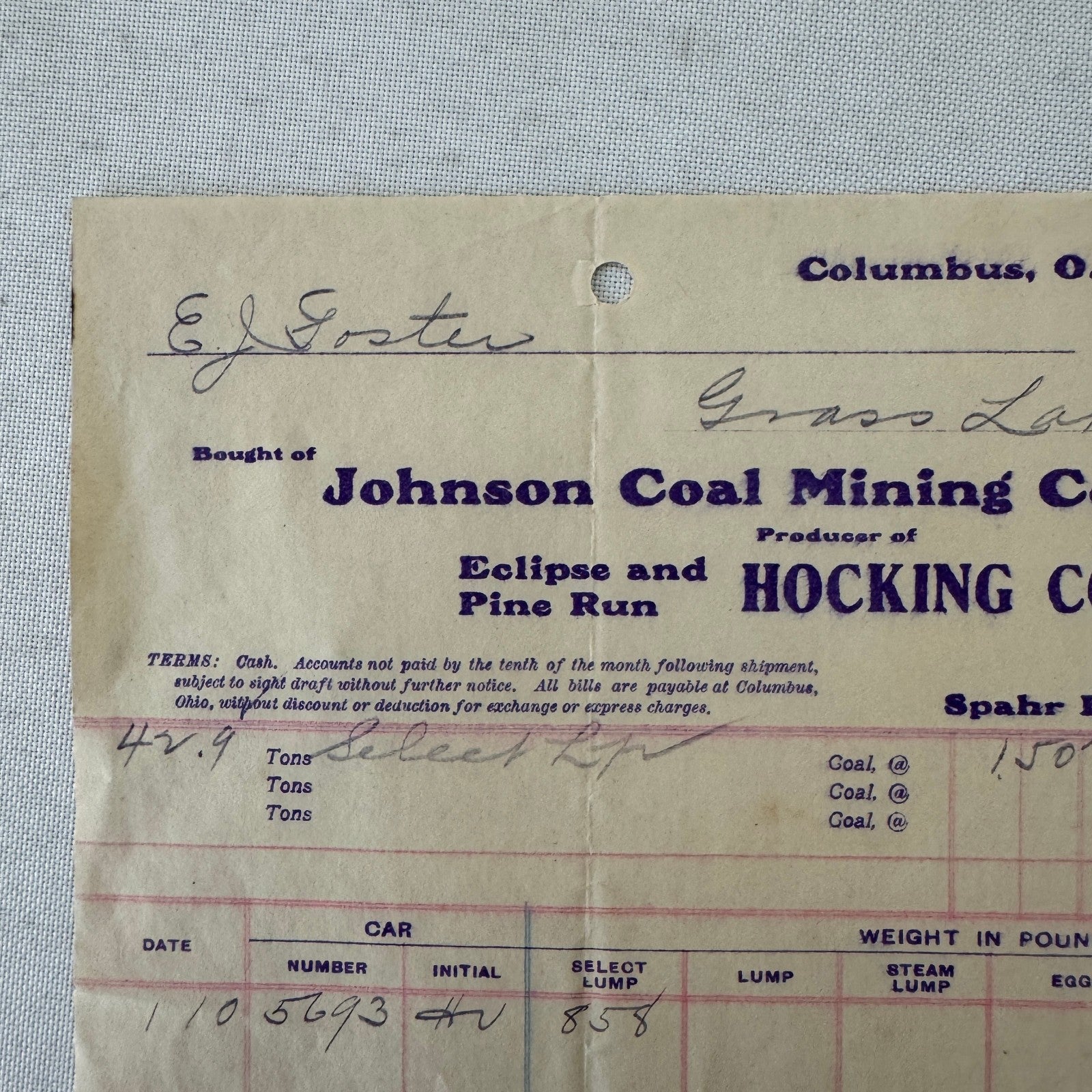 Johnson Coal Mining Company Receipt Invoice Document Letterhead 1908 Columbus OH