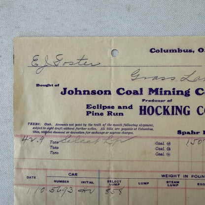 Johnson Coal Mining Company Receipt Invoice Document Letterhead 1908 Columbus OH