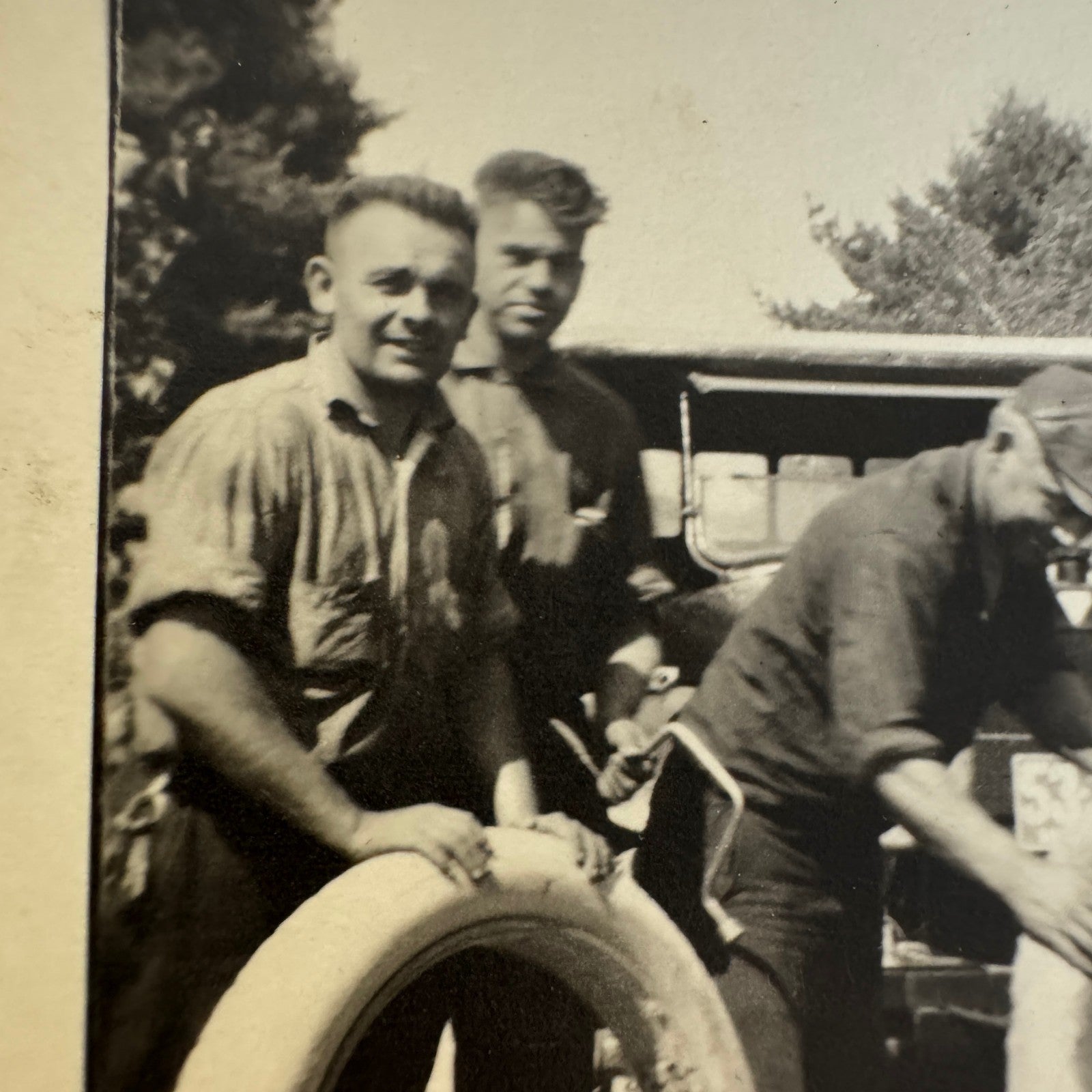 Vintage Car Photo Photograph Print Men with Automobile Tires Snapshot