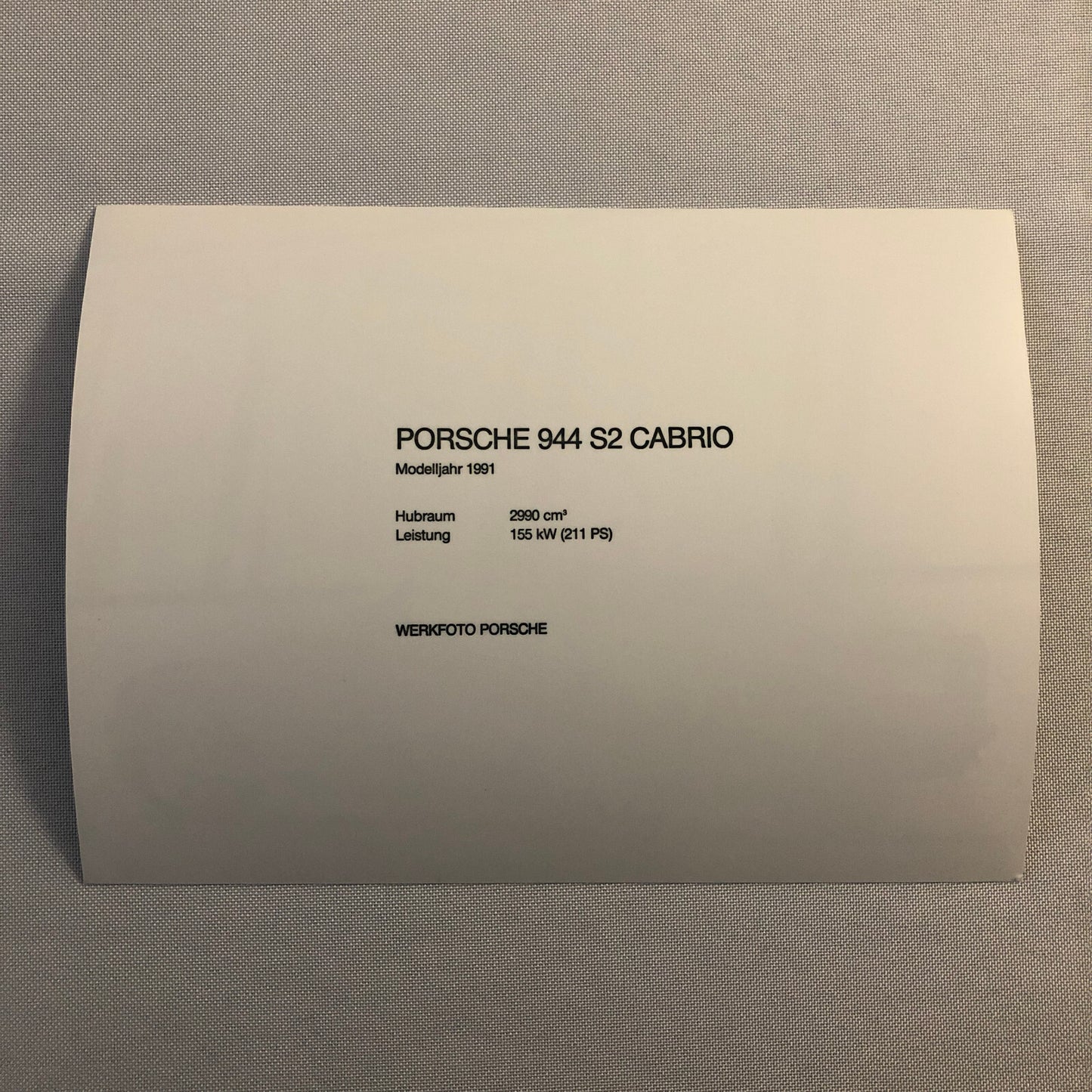 1991 Porsche 944 S2 Cabriolet Convertible Factory Photo Photograph Werkfoto