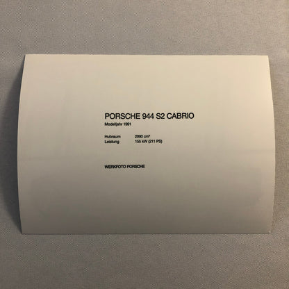 1991 Porsche 944 S2 Cabriolet Convertible Factory Photo Photograph Werkfoto