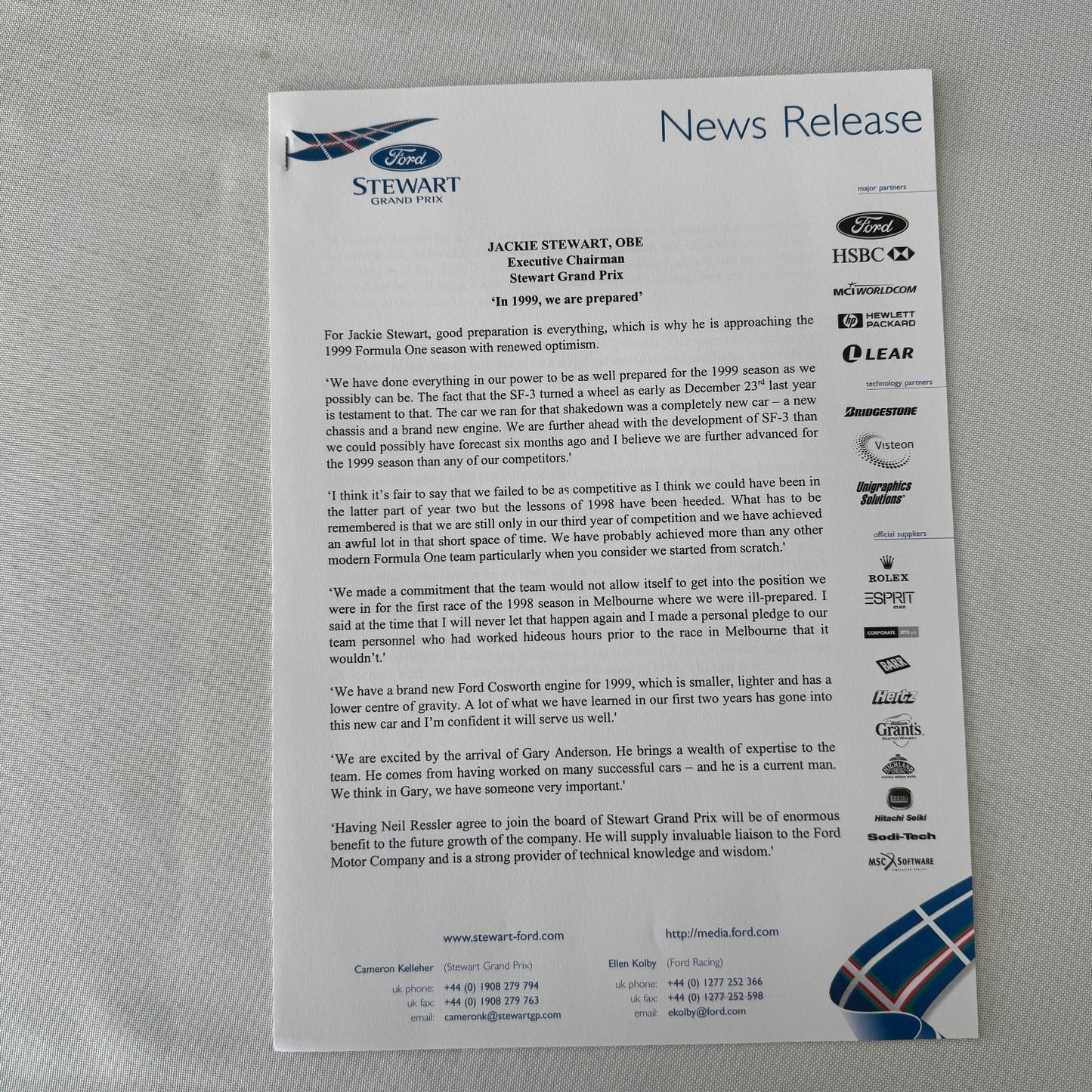 1999 Ford Jackie Stewart Racing Team SF3 Press Kit 35mm Slides Brochure Photos