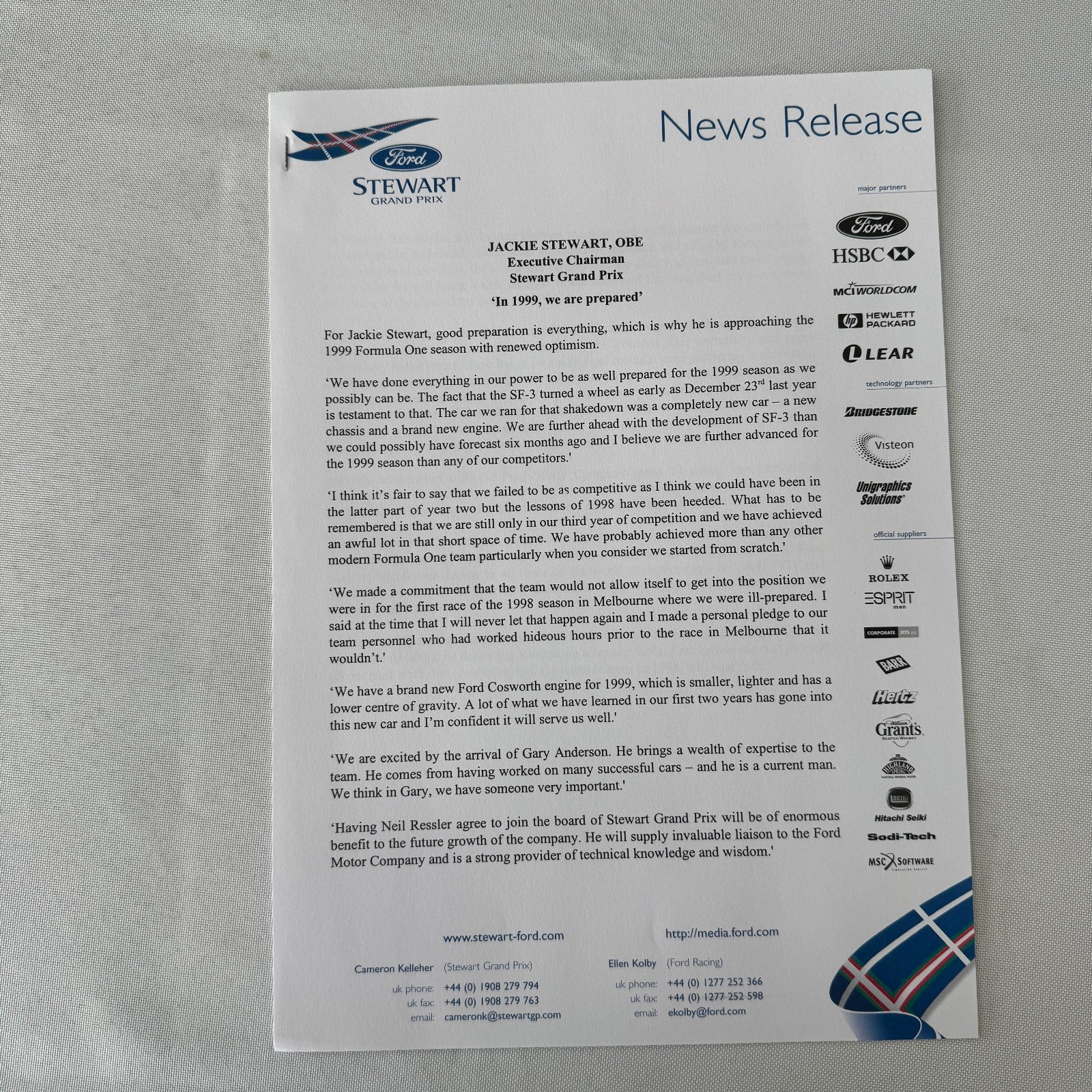 1999 Ford Jackie Stewart Racing Team SF3 Press Kit 35mm Slides Brochure Photos
