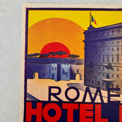 Vintage Hotel Travel Luggage Label Hotel Flora Rome Italy Villa Borghese Italian