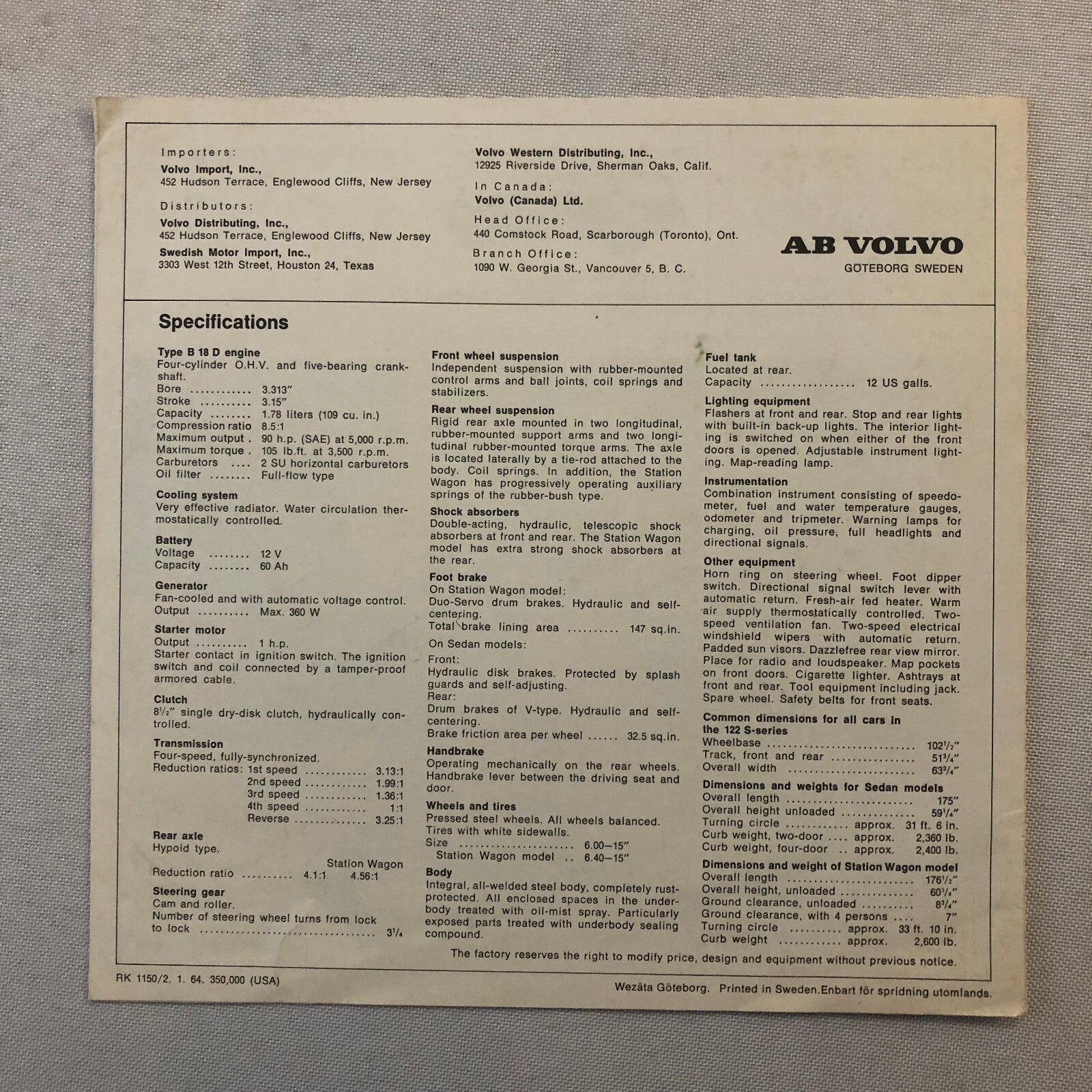 Vintage Volvo 122 Series Sales Brochure Catalog 122 S Sedan Station Wagon 122S