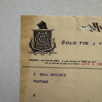 Murphy Chair Company Detroit Michigan Receipt Document Letterhead 1908 Lot 2x