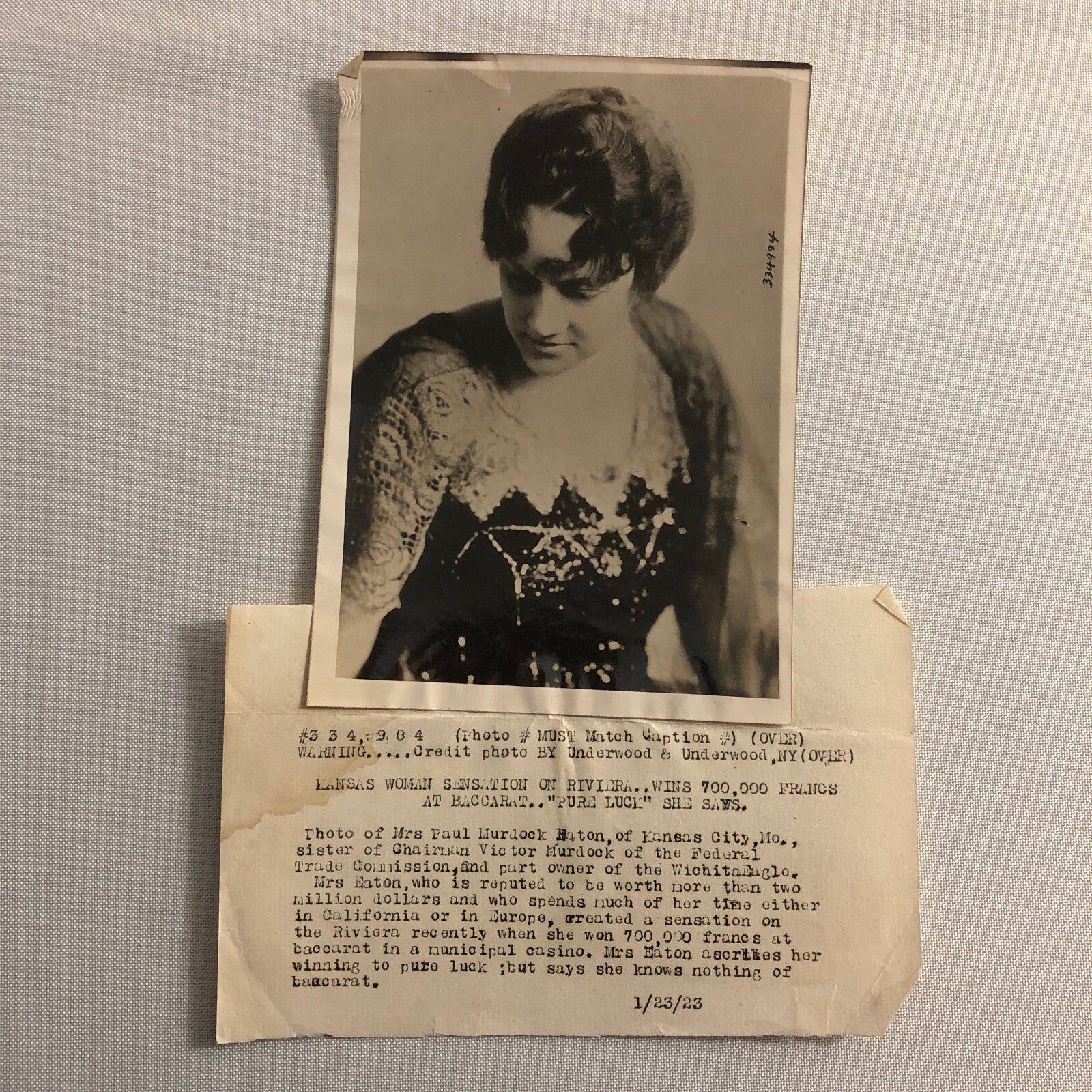 Press Photo Photograph Kansas Society Woman Wins Big at Baccarat Casino 1923