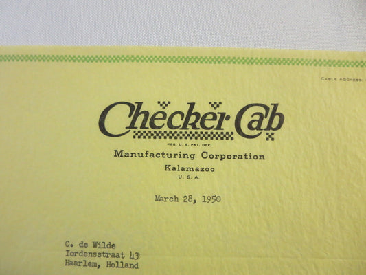 1950 Checker Cab Manufacturing Corporation Car Company Letter Letterhead 