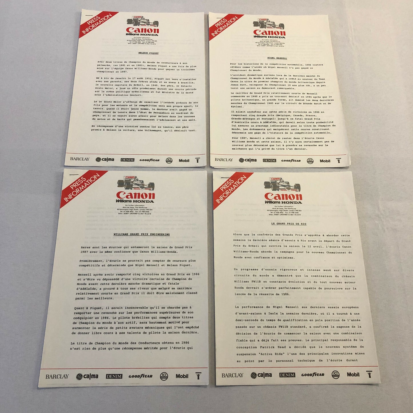 1987 Honda Williams F1 Racing Press Release Lot Nelson Piquet Mansell FRENCH