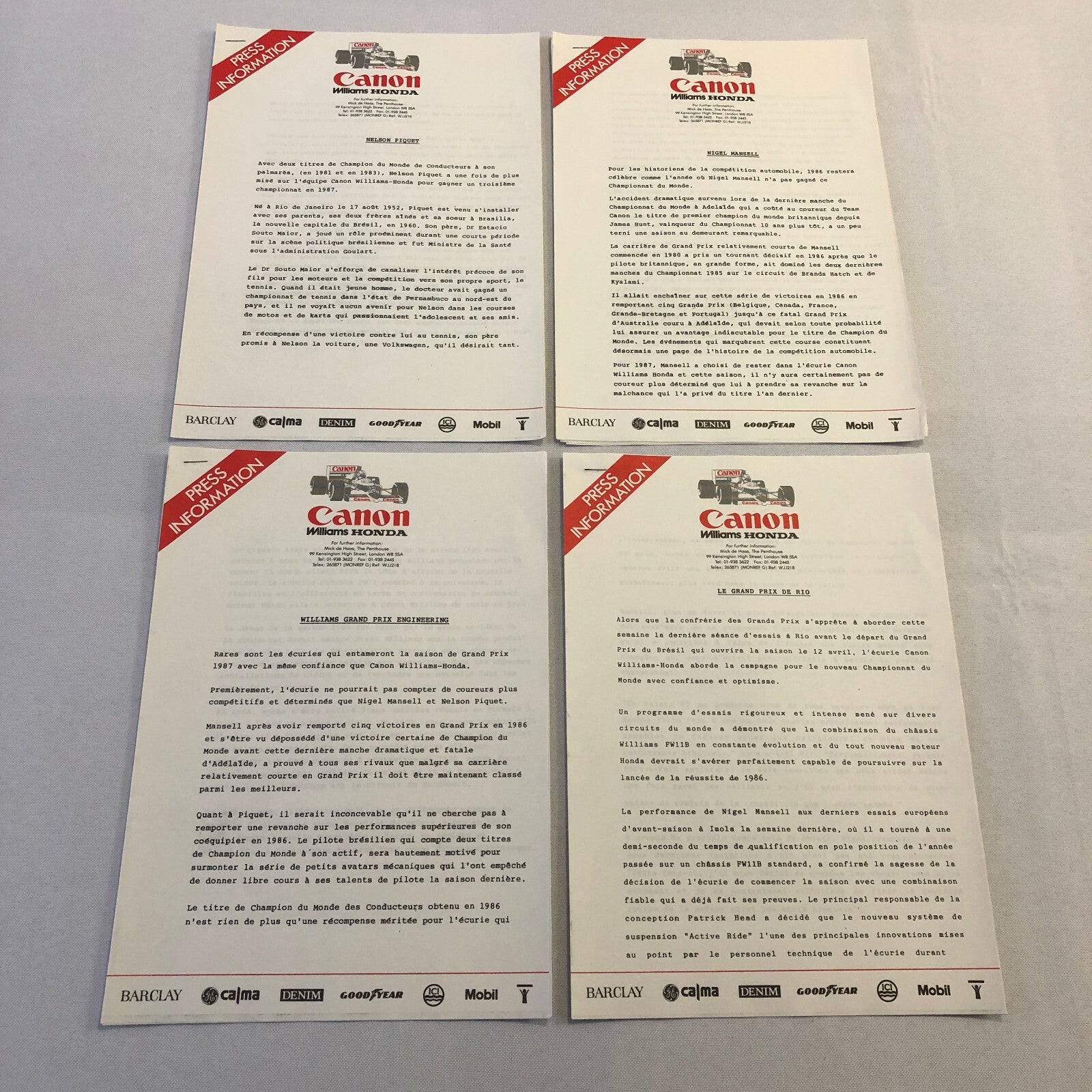 1987 Honda Williams F1 Racing Press Release Lot Nelson Piquet Mansell FRENCH