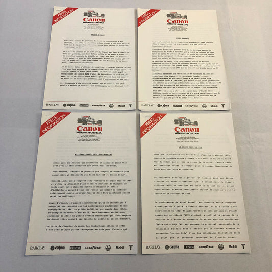 1987 Honda Williams F1 Racing Press Release Lot Nelson Piquet Mansell FRENCH