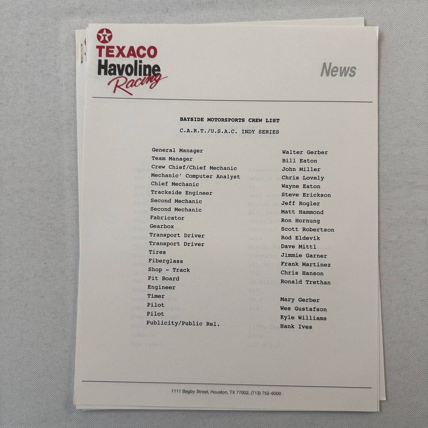 Jeff Andretti Texaco Havoline Racing Press Kit Brochure 1991 Mario Andretti