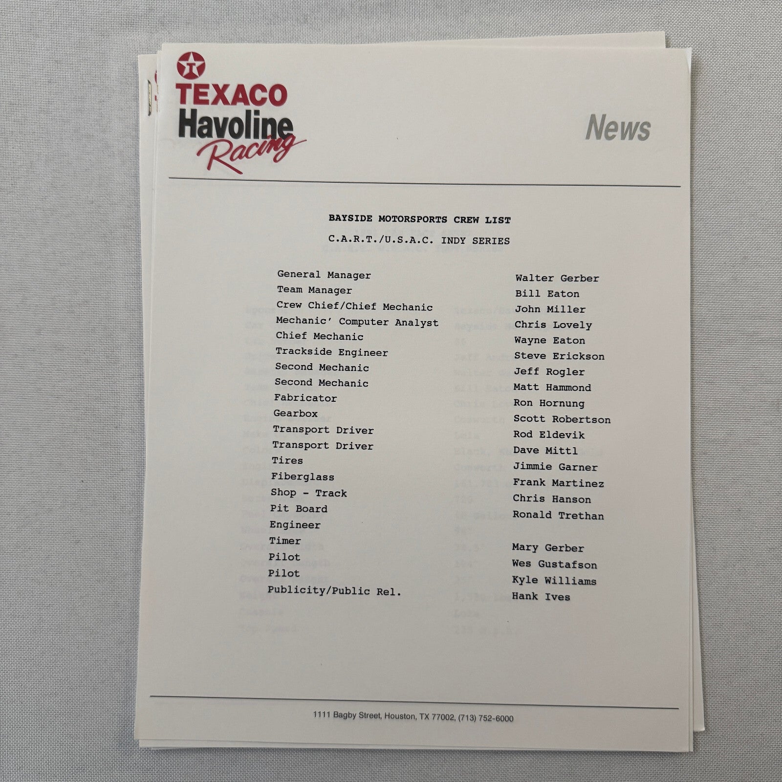 Jeff Andretti Texaco Havoline Racing Press Kit Brochure 1991 Mario Andretti