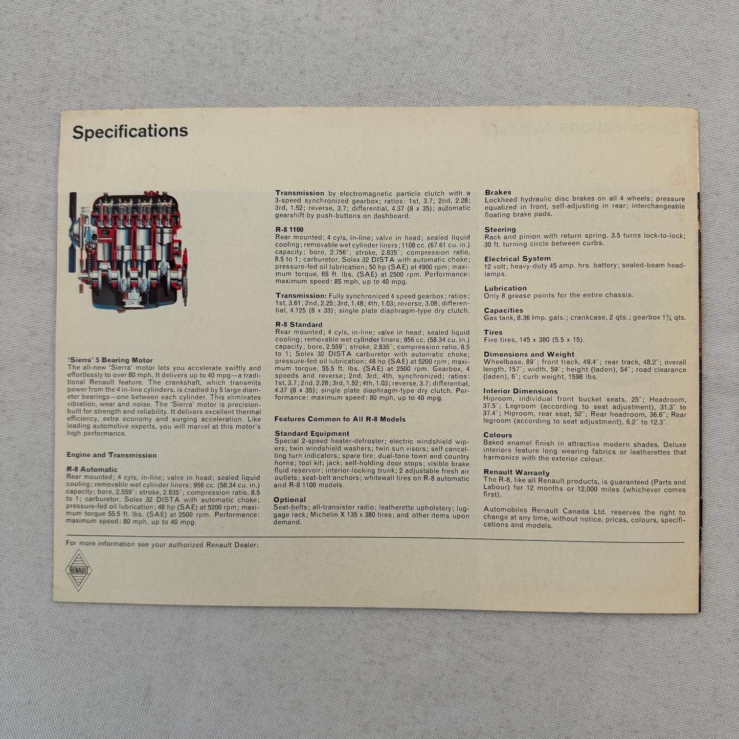 Renault R8 Car Sales Brochure Catalog Vintage Advertising Canadian 1100 Deluxe +