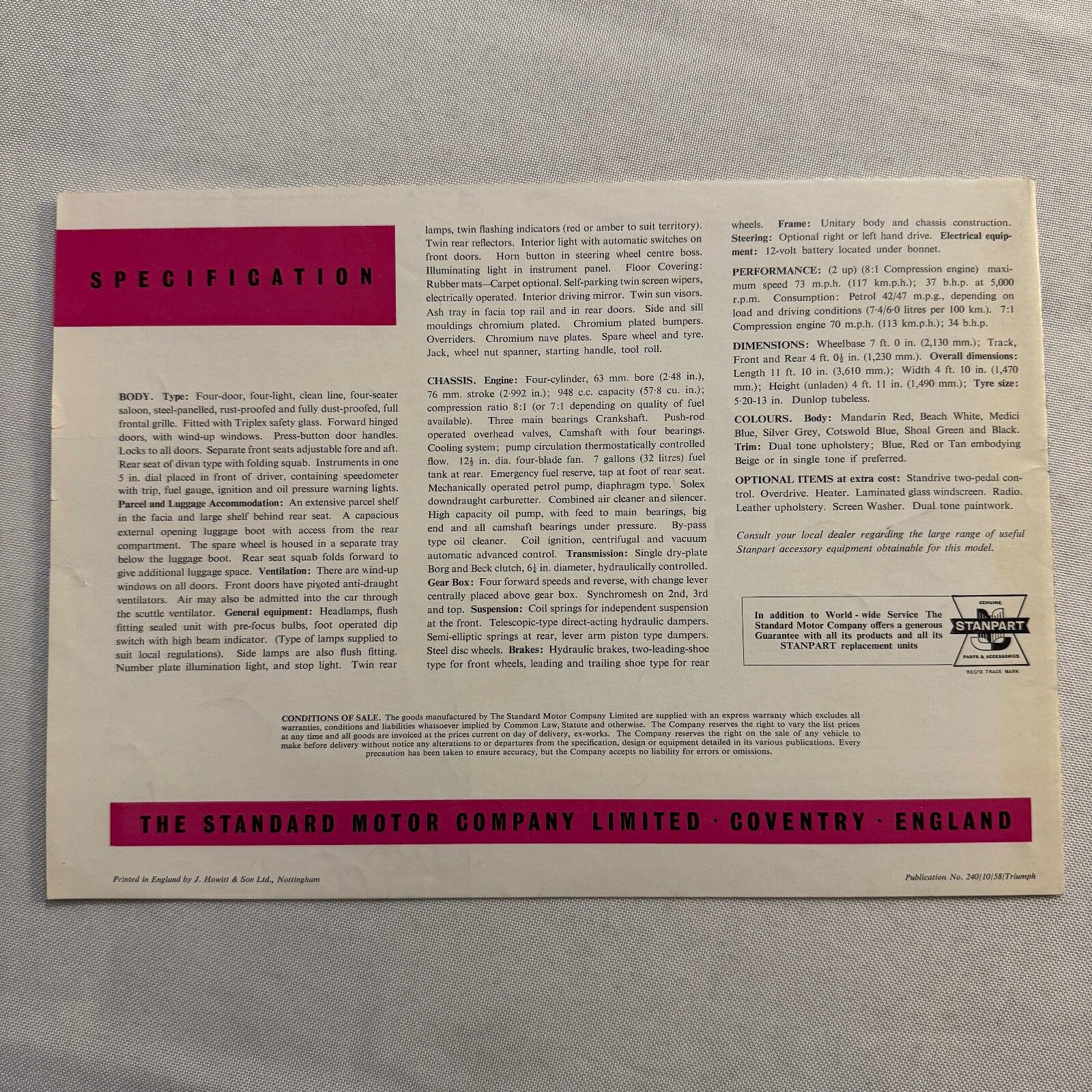 Standard Triumph Sedan Car Sales Brochure Catalog Vintage Advertising