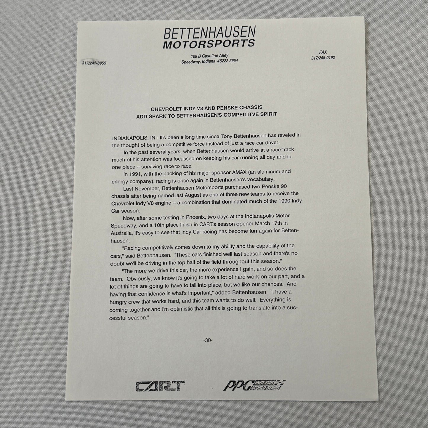 Tony Bettenhausen AMAX Racing Press Kit Brochure Penske Chevy 90 Indy Car