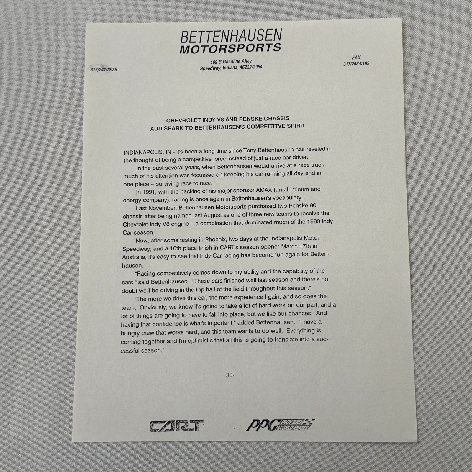Tony Bettenhausen AMAX Racing Press Kit Brochure Penske Chevy 90 Indy Car