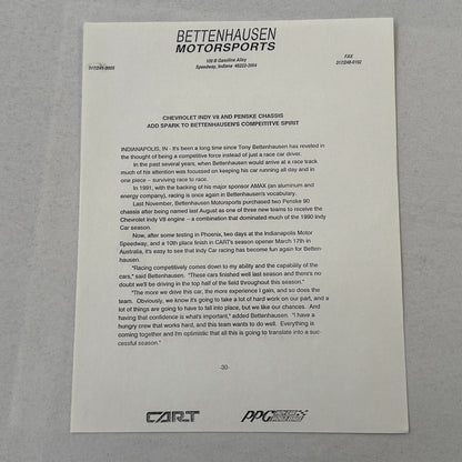 Tony Bettenhausen AMAX Racing Press Kit Brochure Penske Chevy 90 Indy Car