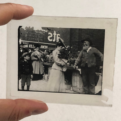 Antique Glass Plate Lantern Slide Photo Man Woman Child in Market Beard