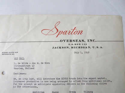 1949 Sparton Overseas Divco Truck Letter Letterhead Document 