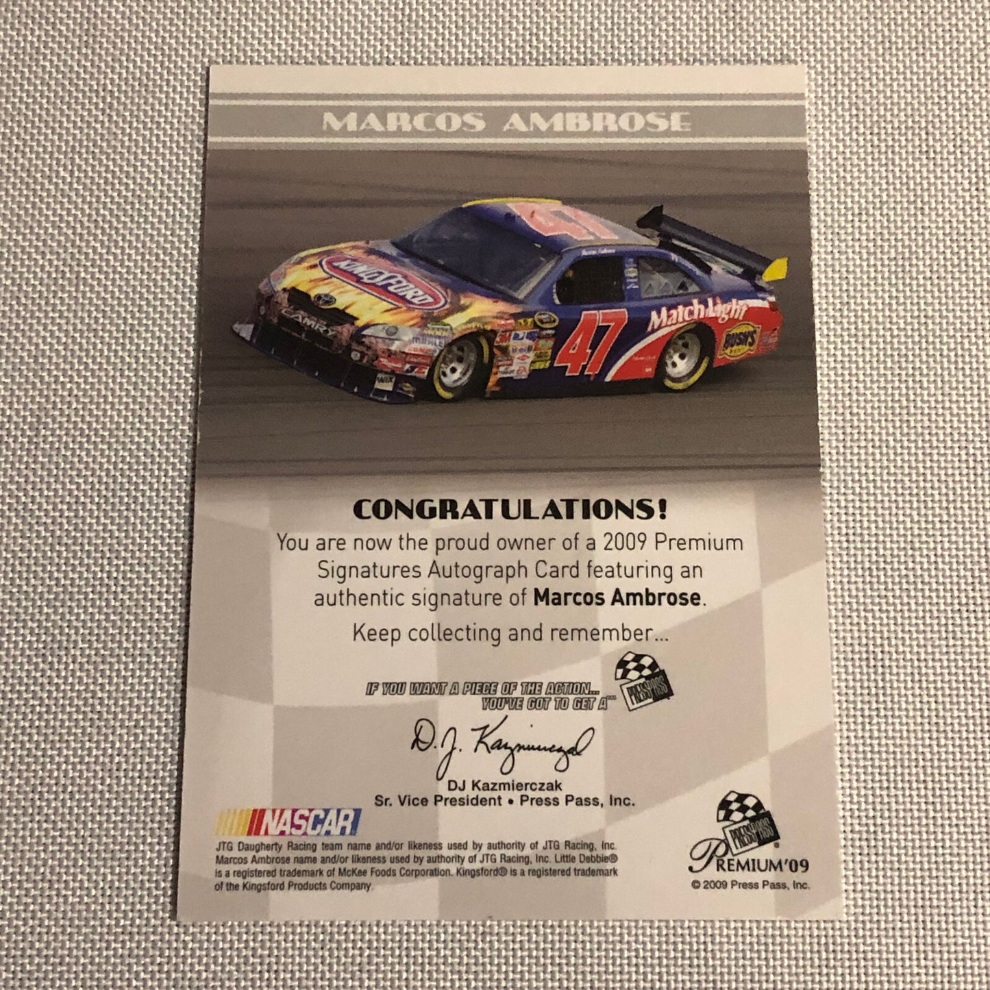 2009 Press Pass Premium Signatures Marcos Ambrose Signed Signature Auto Card