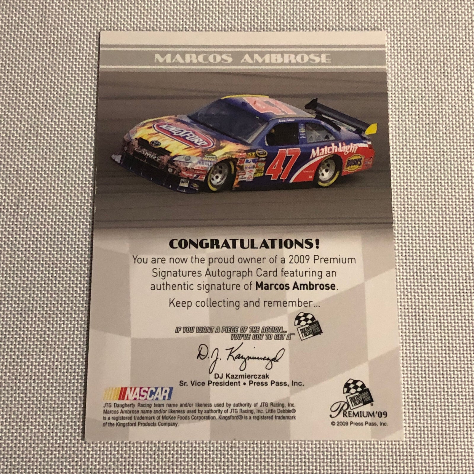 2009 Press Pass Premium Signatures Marcos Ambrose Signed Signature Auto Card