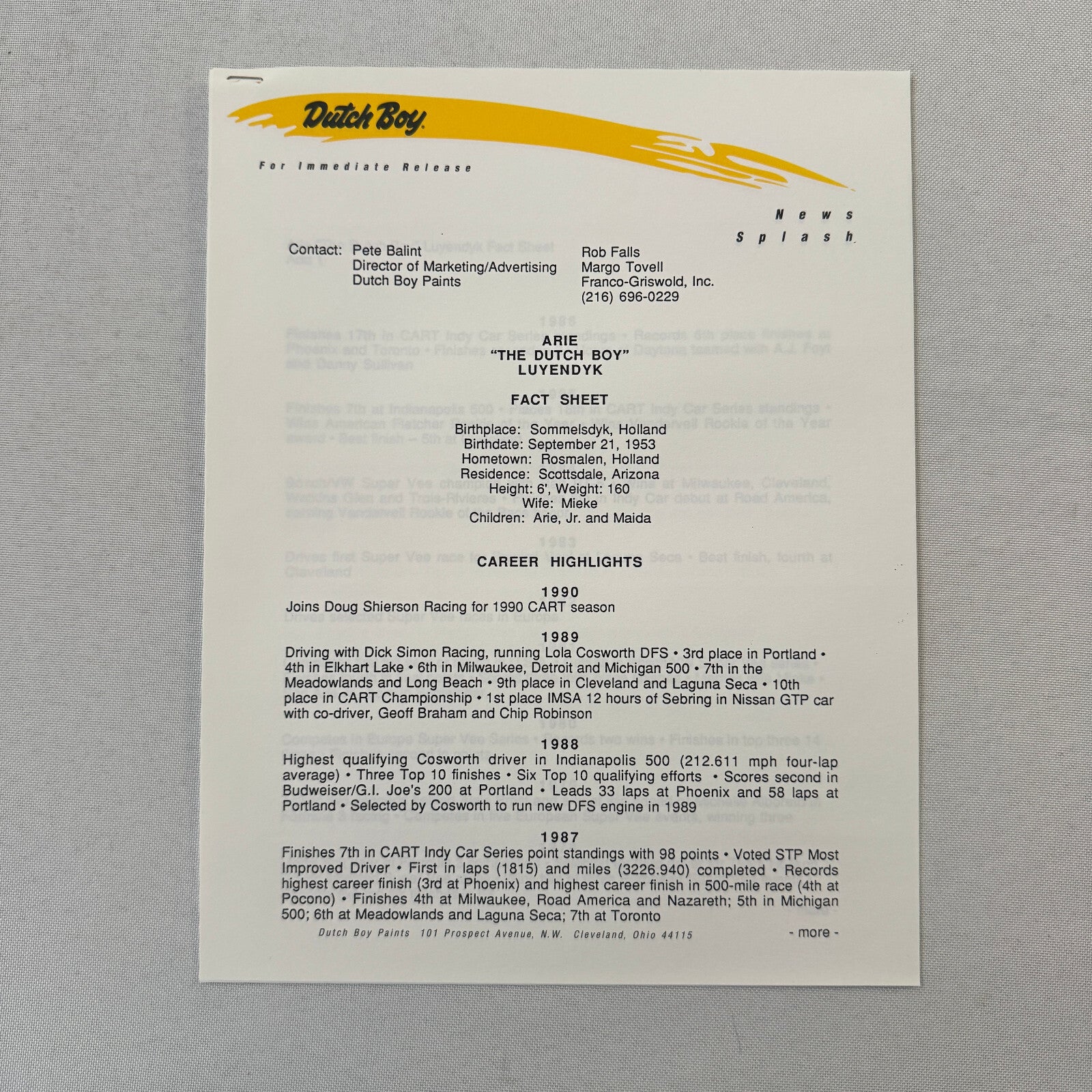 Arie Luyendyk 1990 Dutch Boy Paint CART Indy Racing Press Kit Brochure Photo