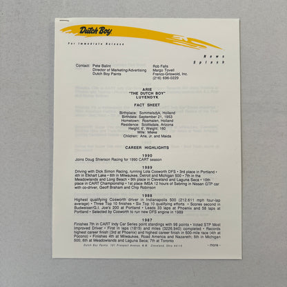 Arie Luyendyk 1990 Dutch Boy Paint CART Indy Racing Press Kit Brochure Photo