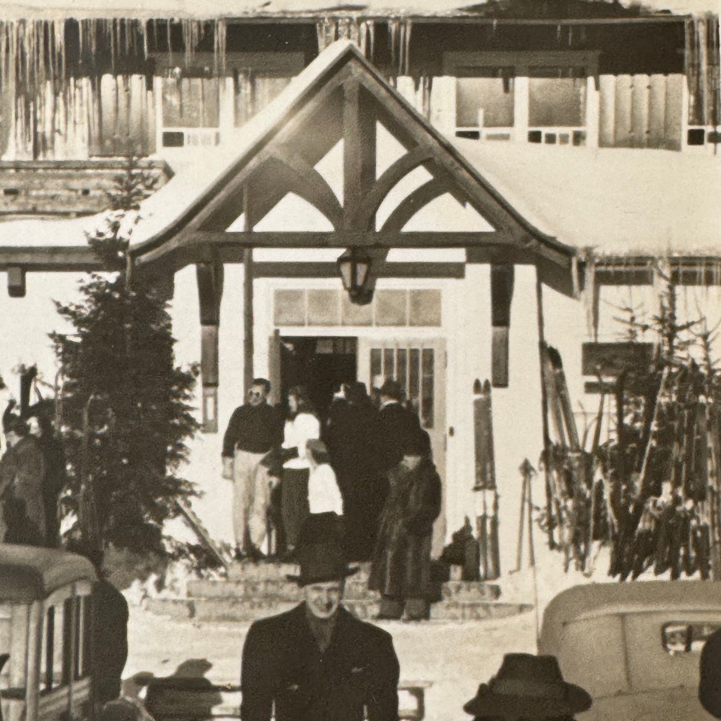 Vintage Photo Photograph Print Automobile Car People Winter Scene Building
