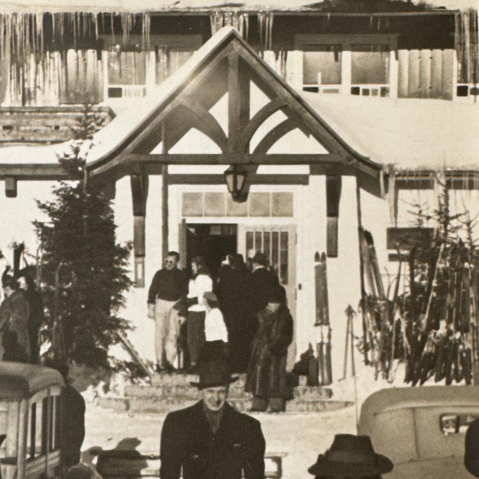 Vintage Photo Photograph Print Automobile Car People Winter Scene Building