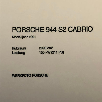 1991 Porsche 944 S2 Cabriolet Convertible Factory Photo Photograph Werkfoto