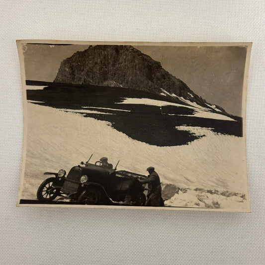Vintage Photo Photograph Print Early Car Automobile Snow Mountain People