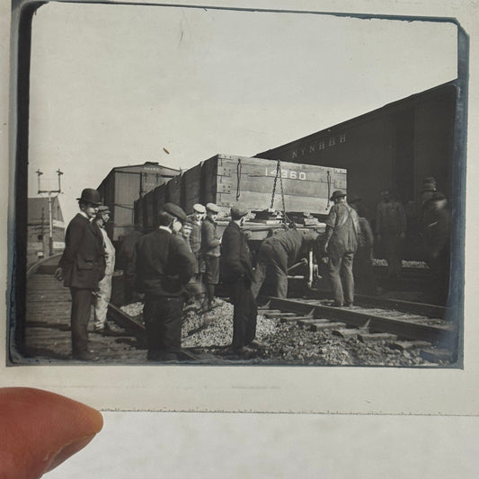 Antique Glass Plate Lantern Slide Photo Men with Train Railroad Railway