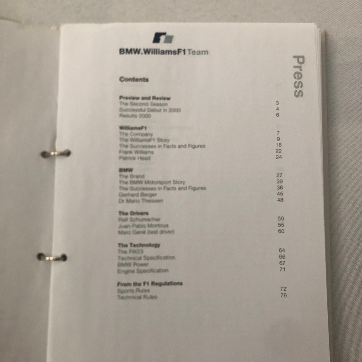 2001 BMW Williams F1 Team Press Kit Brochure Ralf Schumacher Juan Pablo Montoya