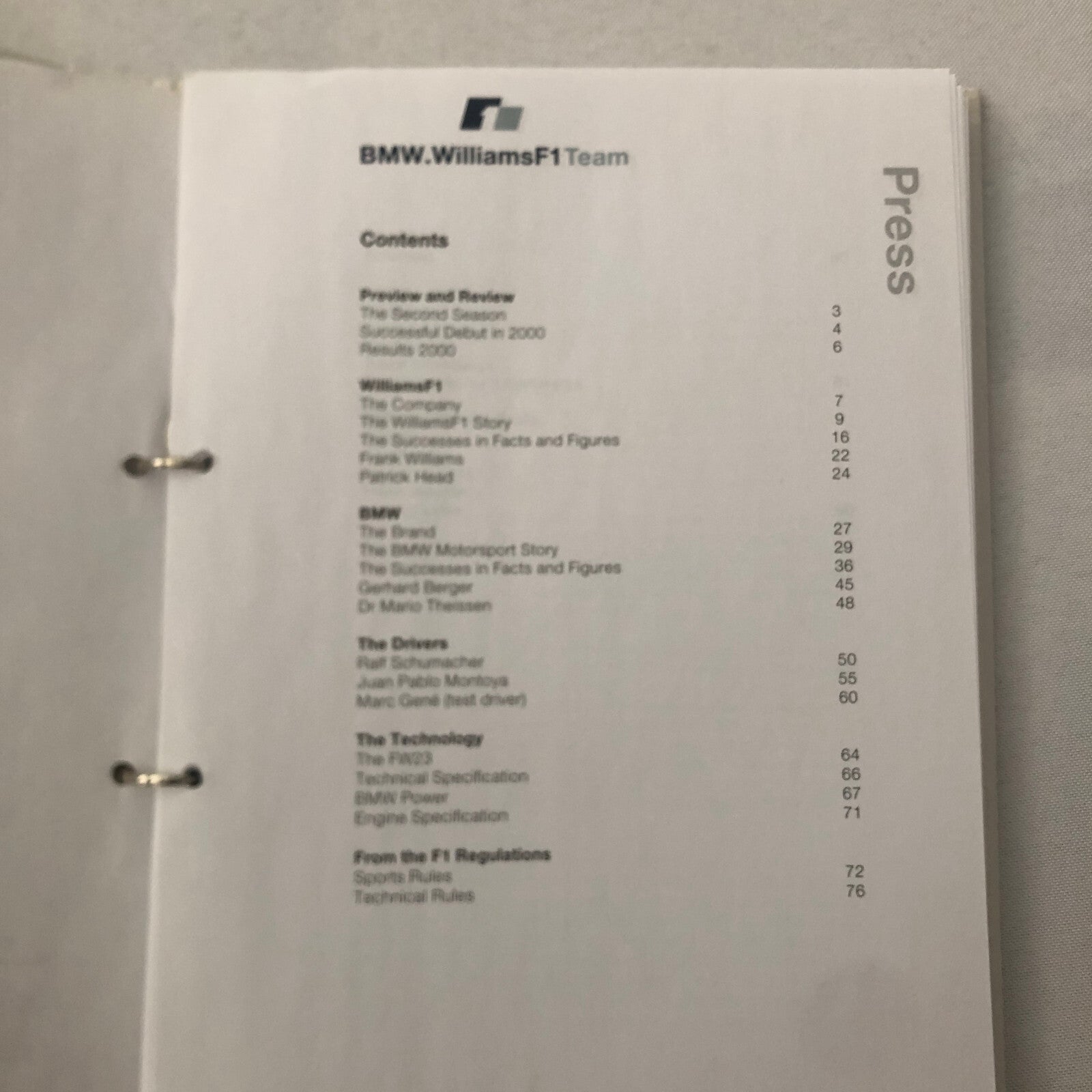 2001 BMW Williams F1 Team Press Kit Brochure Ralf Schumacher Juan Pablo Montoya