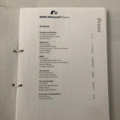 2001 BMW Williams F1 Team Press Kit Brochure Ralf Schumacher Juan Pablo Montoya