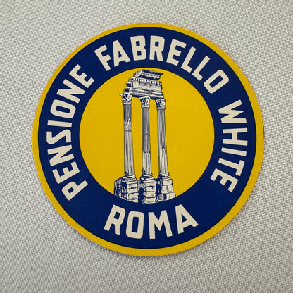 Vintage Hotel Travel Label Hotel Pensione Fabrello White Roma Rome Italy Italian