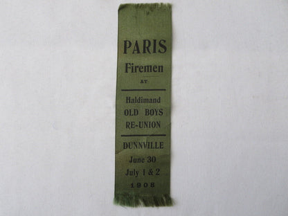 Vintage 1908 Paris Firemen Old Boys Reunion Ontario Canada Event Ribbon Fire 