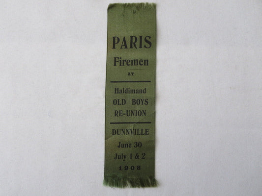Vintage 1908 Paris Firemen Old Boys Reunion Ontario Canada Event Ribbon Fire 
