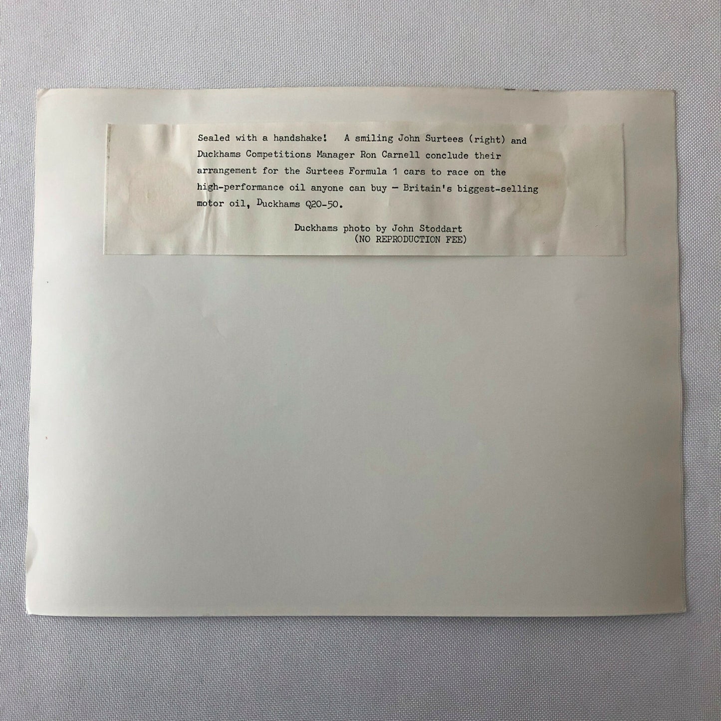 Vintage Racing Photo Photograph John Surtees Agreement with Duckhams Oil