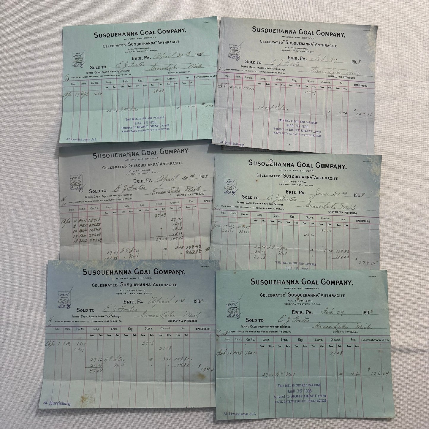 1908 Susquehanna Coal Company Invoice Receipt Document Lot 6x Erie Pennsylvania