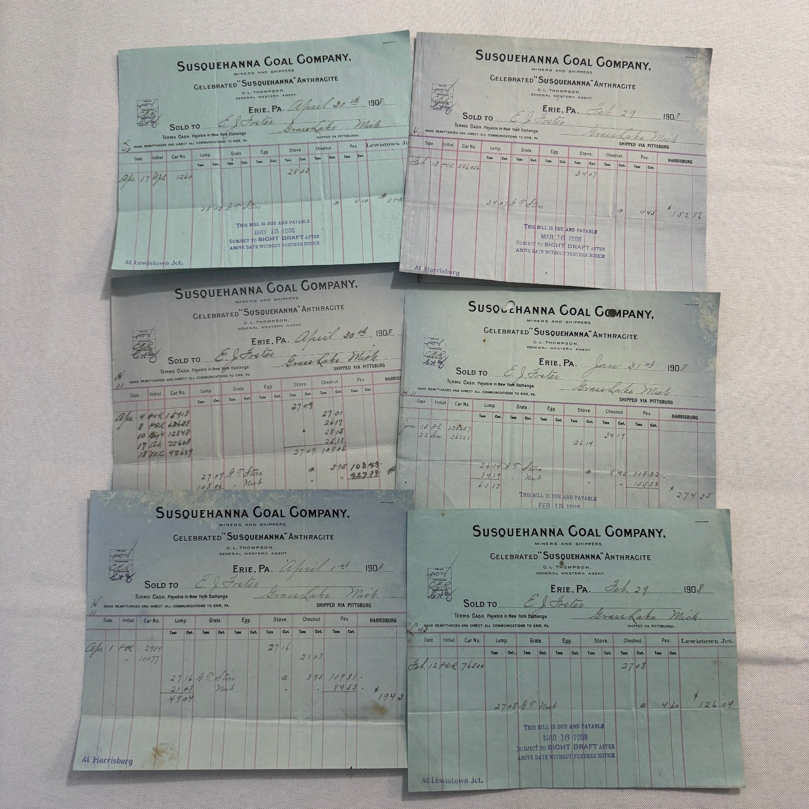 1908 Susquehanna Coal Company Invoice Receipt Document Lot 6x Erie Pennsylvania