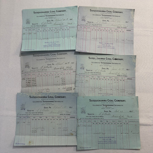 1908 Susquehanna Coal Company Invoice Receipt Document Lot 6x Erie Pennsylvania