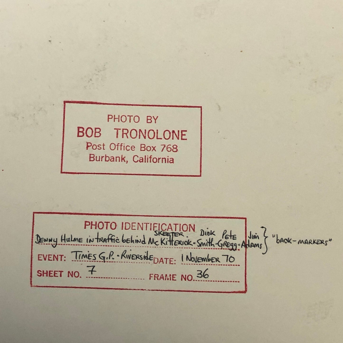 Vintage Racing Photo Photograph Can AM CanAm Riverside Times Race Denny Hulme +