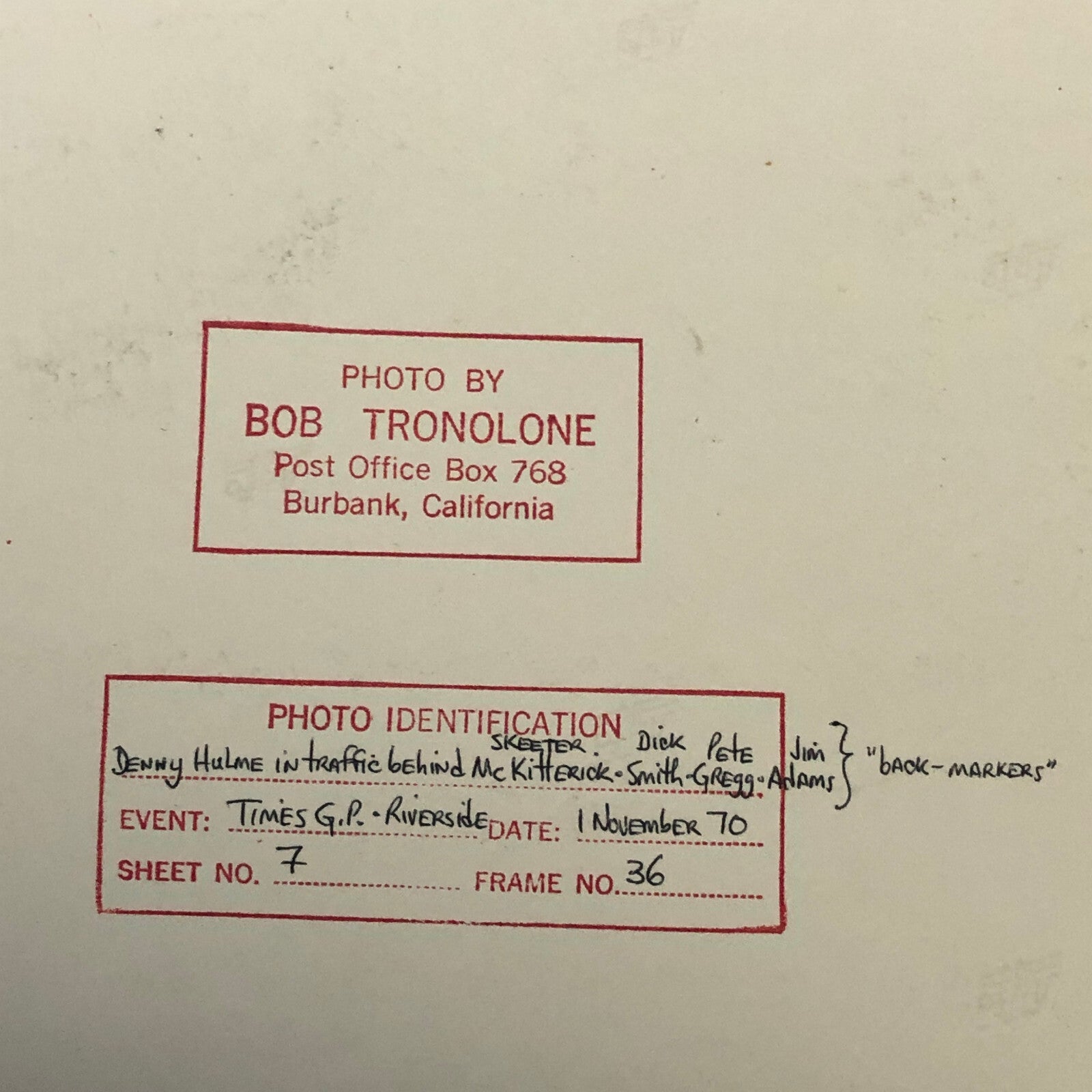 Vintage Racing Photo Photograph Can AM CanAm Riverside Times Race Denny Hulme +