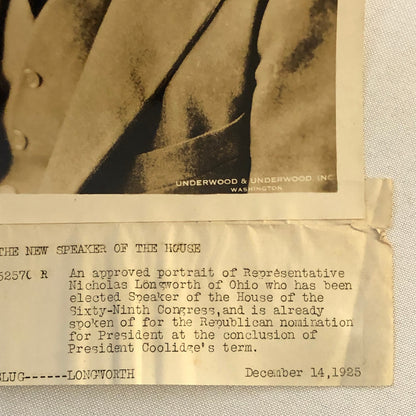 Press Photograph Photo Speaker of the House Presidential Nicholas Longworth 1925